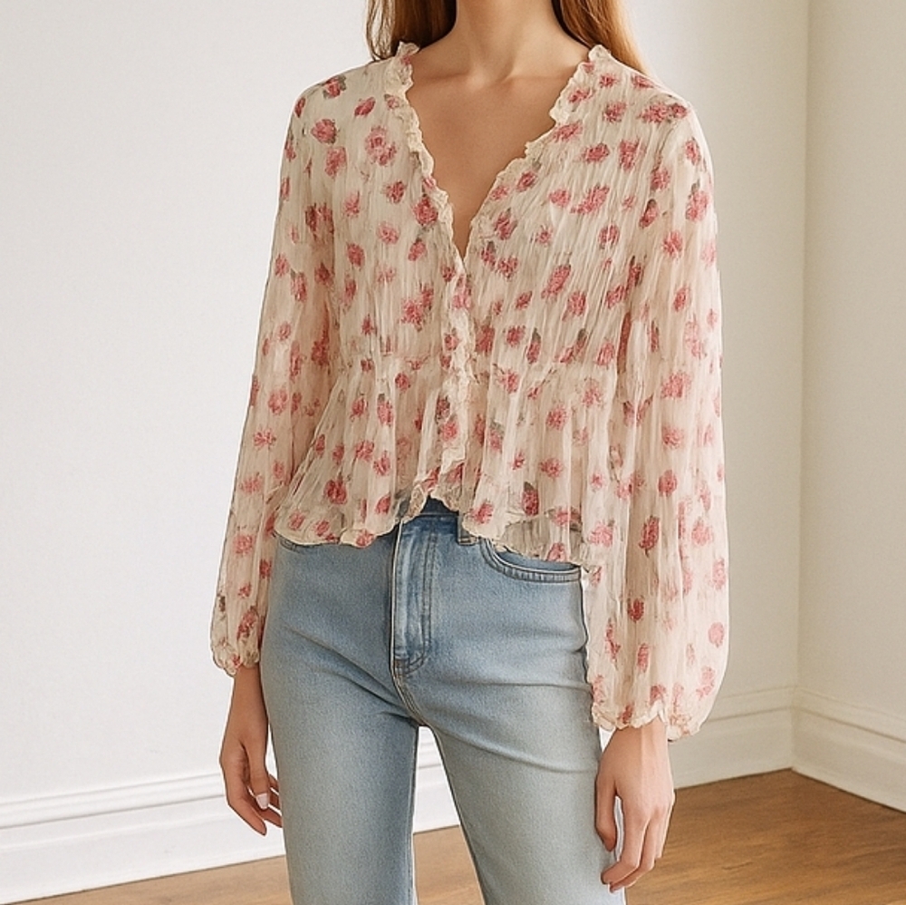 Love Notes Boho Floral Sheer Ruffle Babydoll Feminine Fairy Blouse Top Size S